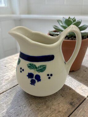 Hartstone Pottery Wild Blueberry Creamer USA Stoneware Blue White Pitcher